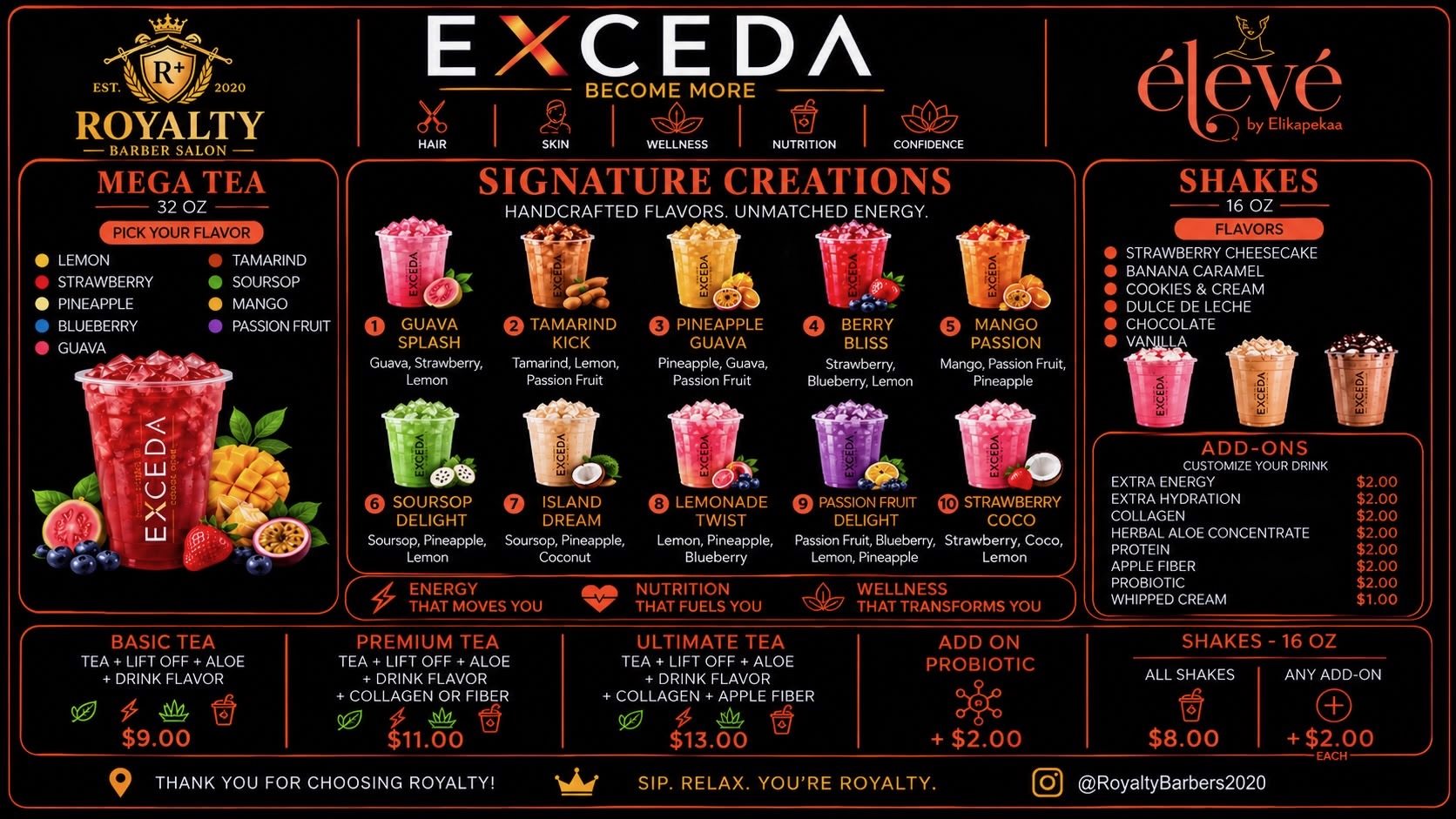 The Exceda in-store menu board listing Mega Teas, signature creations, shakes, and add-ons.